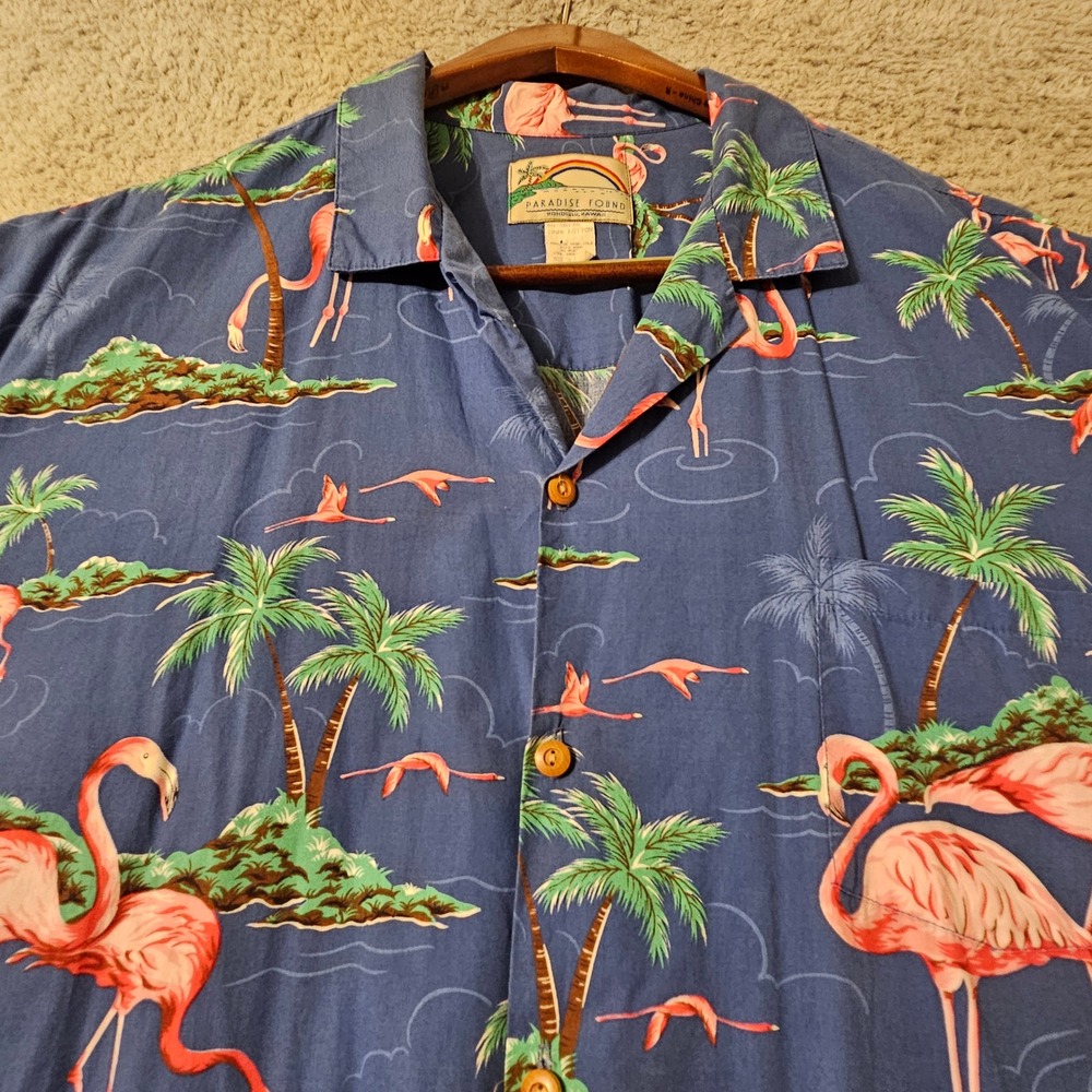 Paradise Found Mens 3XL Flamingo Palm Tree Tropical Hawaii Cotton Shirt Blue